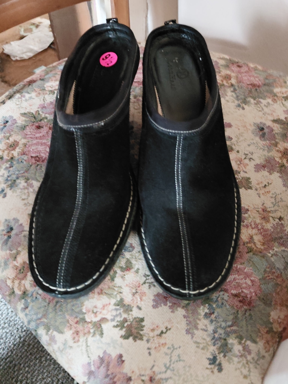 Cole Haan Black Suede Wedge Slip-On Booties with Contrast Stitching